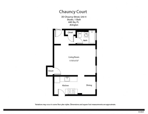 Floor plan for studio, 1 bath, 500 sqft
